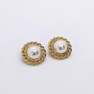 ERWIN PEARL Vintage Gold-Tone Rope Twist Bezel Faux White Pearl Clip-On Earrings